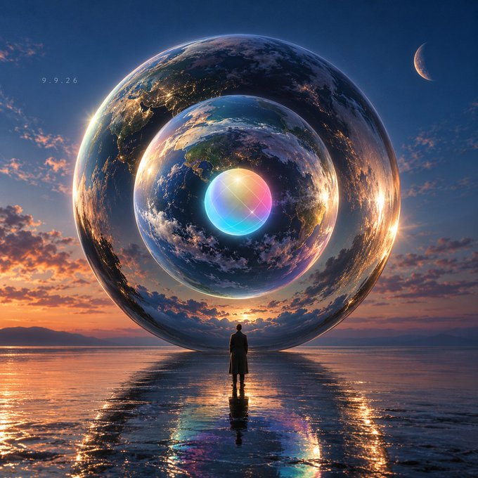 A lone figure stands before a surreal, concentric Earth formation glowing over a reflective sea at sunset, with a crescent moon in the sky and "9.9.26" faintly visible in the upper left. The image visually reinforces the post's message by depicting layered, mirrored worlds—suggesting that Earth itself is the original, ultimate "market," aligning with the tagline promoting @world_xyz.