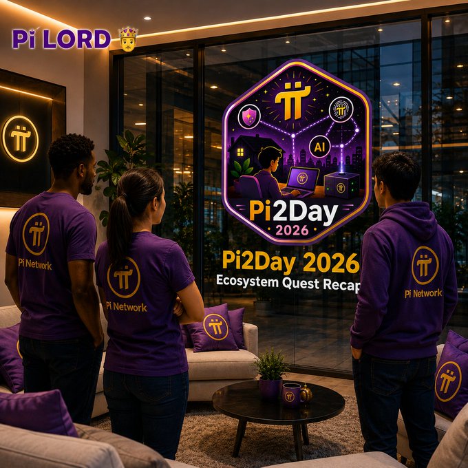 Three people wearing "Pi Network" purple apparel stand facing a large glowing display promoting "Pi2Day 2026 Ecosystem Quest Recap," where 1.78 million of 2.56 million participating pioneers completed the quest and earned a special edition badge, illustrating the active community engagement highlighted in the post.