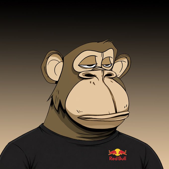A cartoon illustration of a bored-looking brown monkey wearing a black Red Bull t-shirt against a gradient background.
