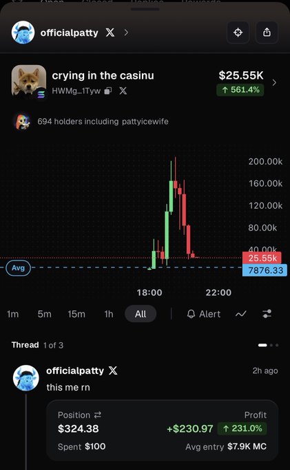 A mobile trading interface showing a token chart 'crying in the casinu' at $25.55K, alongside a post by 'officialpatty' titled 'this me rn' showing a position profit of +$230.97.