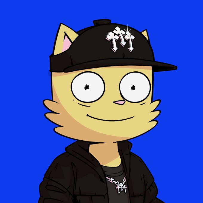 A cartoon-style illustration of a yellow cat character wearing a black cap with "M" logo, hoodie, and a pink chain with "FFF" pendant, set against a blue background — representing Demarco, the founder and creator of D00ds.