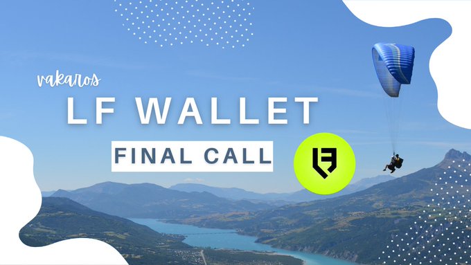 A promotional graphic displays 'rakanos LF WALLET FINAL CALL' with a LimeWire-style logo, set against a scenic background of mountains, a lake, and a parachutist in mid-air.