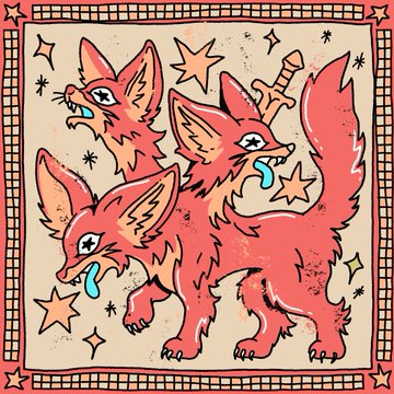 A cartoon illustration of a three-headed red fox-like creature with a sword piercing through one of its heads, surrounded by stars.
