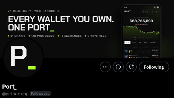 A promotional advertisement for the crypto app Port_ (@getportapp) with the tagline "EVERY WALLET YOU OWN. ONE PORT_" listing 31 CHAINS, 120 PROTOCOLS, 15 EXCHANGES, 0 KEYS HELD, showing a portfolio balance of $63,765,893 on a phone display.