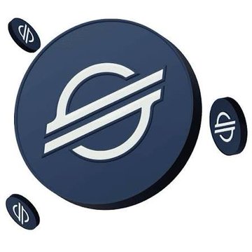 A blue Stellar cryptocurrency coin featuring the 'XLM' symbol surrounded by smaller coins on a white background.