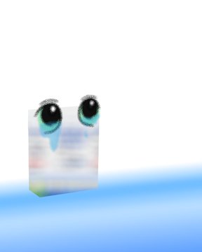 A small blurry character with large cartoon eyes floating above a blue gradient background.