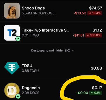 A screenshot of a cryptocurrency portfolio showing Snoop Doge at $74.57, Take-Two Interactive S... at $1.12, TDSU at $0.88, and Dogecoin circled in yellow at $0.17.
