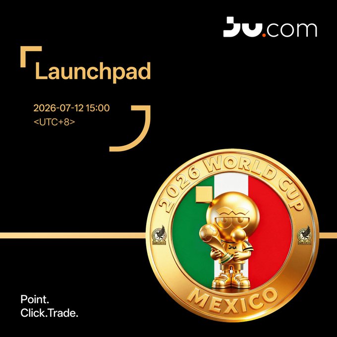 A promotional graphic for BW.com featuring a 'Launchpad' event scheduled for 2026-07-12 15:00 <UTC+8>, displaying a gold coin commemorating the 2026 World Cup in Mexico with a football mascot and the slogan 'Point. Click. Trade.'