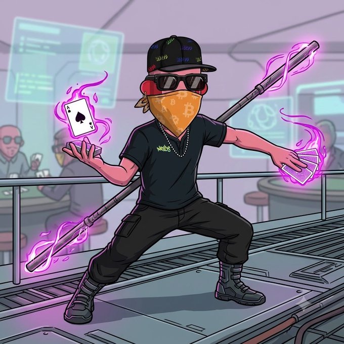 A cartoon character wearing a Bitcoin-patterned bandana, sunglasses, and a "HOBBS" cap wields a glowing staff while conjuring playing cards engulfed in purple flames in a futuristic setting, evoking the "gm" greeting and NFT culture through crypto-inspired street style.