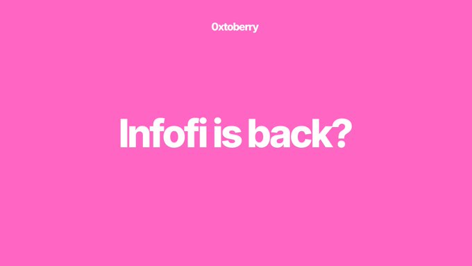 A bright pink slide with white text reading '0xtoberry' at the top and 'Infofi is back?' in the center.