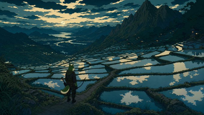 A lone warrior stands atop a hillside at twilight, gazing over vast, mirror-like terraced rice paddies that reflect the moonlit clouds, evoking a call to rise and conquer the expansive territory ahead in the $WOOF community.