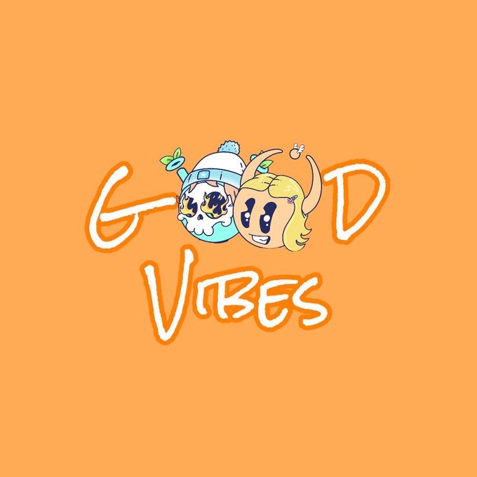 An orange graphic with the text 'GOOD VIBES' featuring two cute cartoon characters—a skull-like figure with a hat and a peach-like figure with blonde hair—dressed in summer attire.