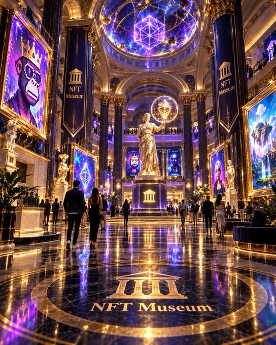 An opulent, grand hall designed as an 'NFT Museum' features ornate architecture, glowing digital screens displaying NFT artwork including a Bored Ape and fantasy landscapes, and a central statue beneath a cosmic dome.