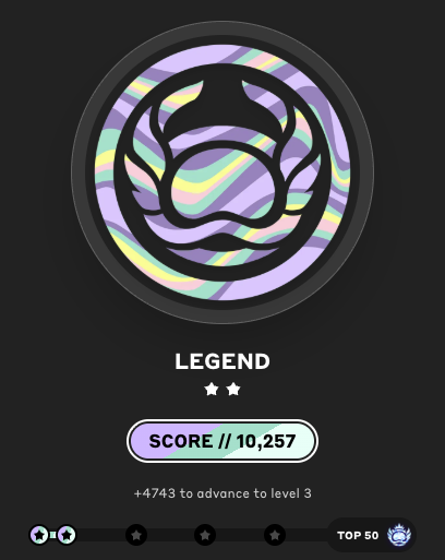 A 'LEGEND' rank badge with two stars on a dark background, showing a score of 10,257 with '+4743 to advance to level 3' and a TOP 50 indicator.