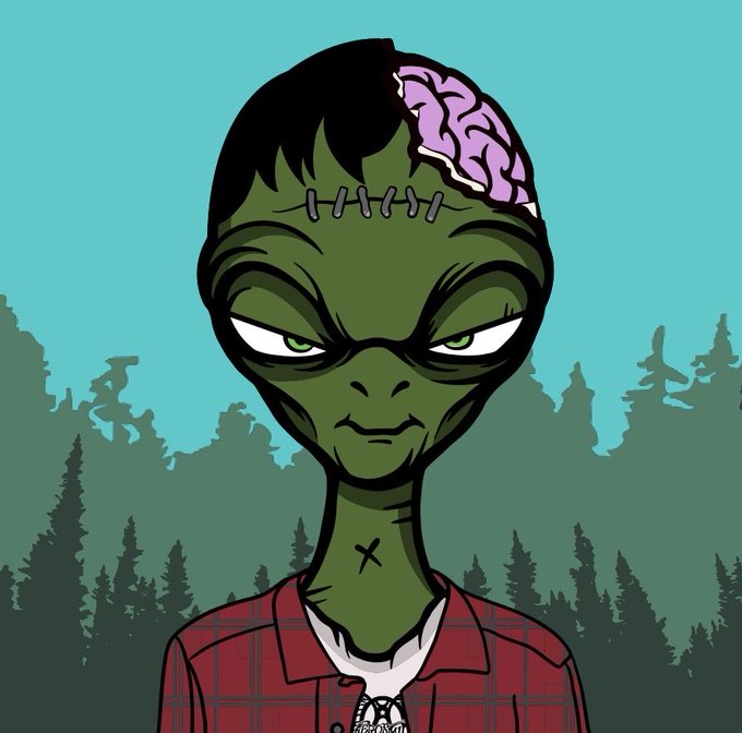 An illustration depicts a green alien-like creature with a large head, stitches on its forehead, and an exposed purple brain, set against a teal sky and dark forest.