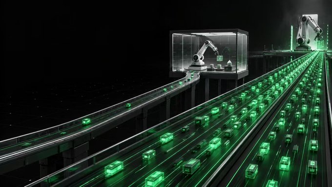 A 3D rendering shows robotic arms on a raised platform loading glowing green cubes onto a high-speed conveyor system that stretches into a dark, starry background.