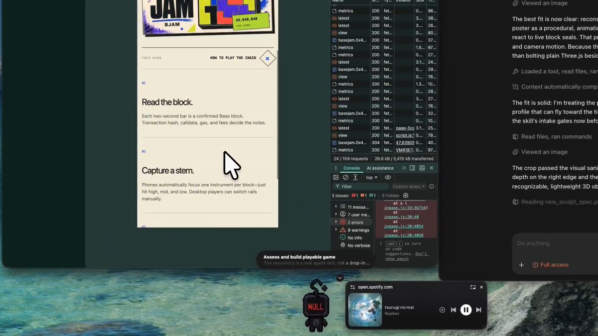 A desktop screenshot showing developer tools, network logs, a 'Read the block' field guide, and a Spotify player playing 'tsurugi no mai' by Nujabes.