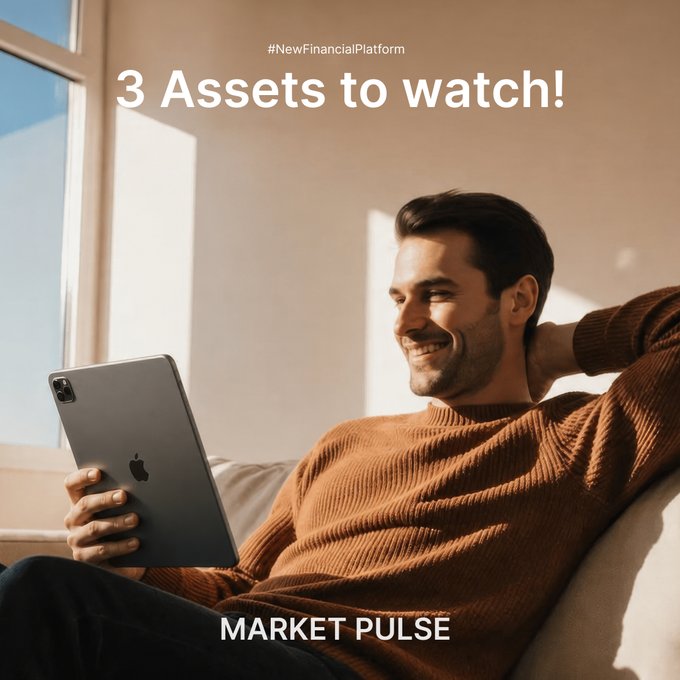 A smiling man in a brown sweater relaxes on a couch while checking his iPad, with text reading "3 Assets to watch!" and "MARKET PULSE" alongside the hashtag #NewFinancialPlatform—visually reinforcing the post's message about staying tuned to Bybit's weekly trading opportunities.