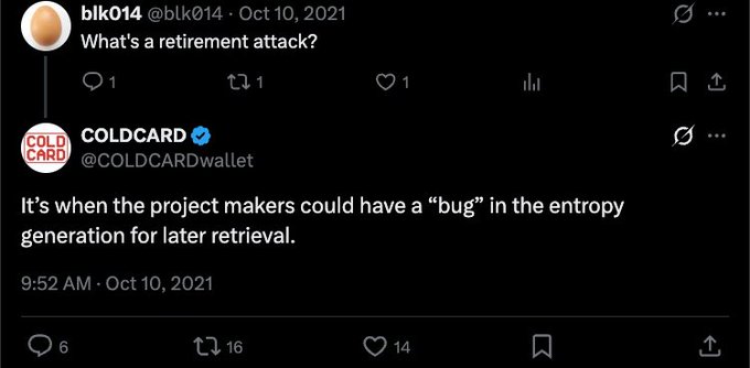 A screenshot of a Twitter exchange where user blk014 asks "What's a retirement attack?" and COLDCARD wallet replies, "It's when the project makers could have a 'bug' in the entropy generation for later retrieval."