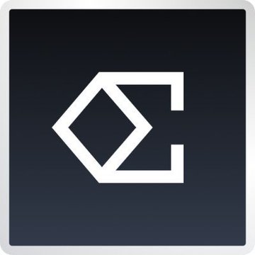 A dark gradient square app icon featuring a stylized white geometric logo that combines a diamond shape on the left with a blocky 'C' or angular letter on the right.