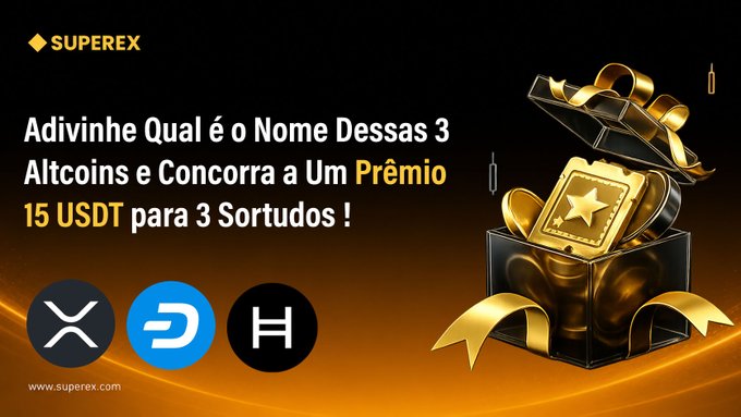 A 'SUPEREX' crypto promotion in Portuguese asking viewers to guess the names of 3 altcoins for a chance to win prizes of 15 USDT, displaying XRP, DAI, and HBAR logos.
