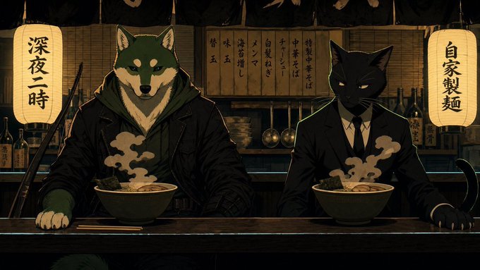 The image depicts two anthropomorphic figures—a wolf wearing a green hoodie and a black cat in a suit—sitting at a dimly lit ramen bar counter with steaming bowls of noodles, framed by paper lanterns reading "深夜一時" (Late Night) and "自家製麺" (House-made Noodles). The accompanying post about tracing a $WOOF wallet back to the original $SHIB deployer complements the image's investigative, "following the trail" theme, with the wolf and cat representing the sleuths uncovering hidden connections in crypto's public ledger.