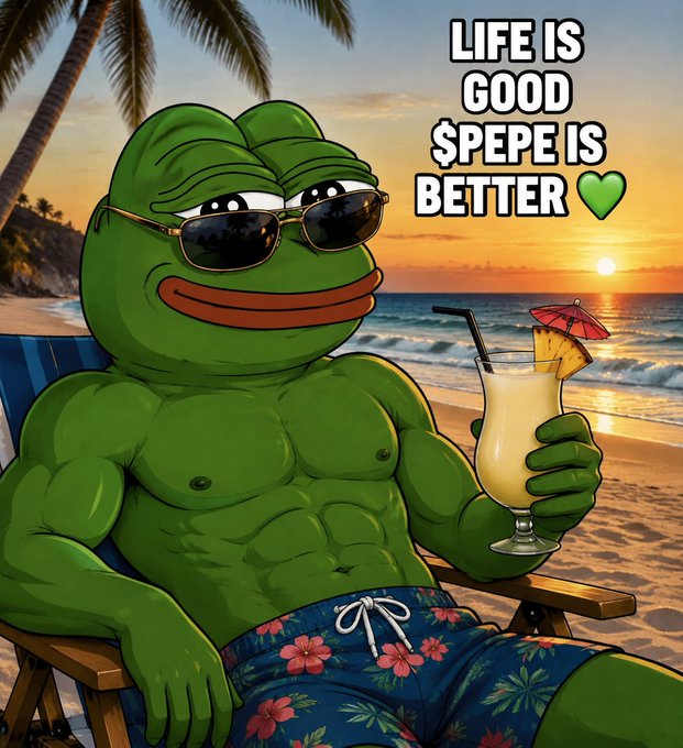 A muscular, sunglasses-wearing Pepe the Frog relaxes on a beach chair with a tropical cocktail, with text reading "LIFE IS GOOD $PEPE IS BETTER 💚" — visually capturing the carefree, celebratory spirit of the post's bullish $PEPE sentiment, contrasting the bearish "ETH IS ON THE LOSE" warning with a laid-back hopium vibe.