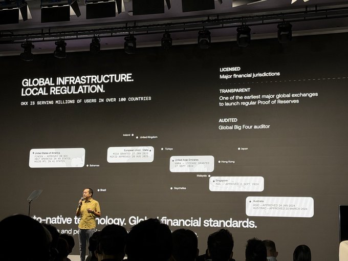 Photo taken at a presentation showing a speaker on stage beside a large screen titled 'GLOBAL INFRASTRUCTURE. LOCAL REGULATION.' detailing OIX's licensing across over 100 countries.