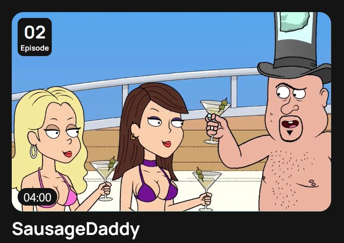 An animated thumbnail for 'SausageDaddy Episode 02' shows two bikini-clad women holding martinis next to a shirtless man in a top hat.