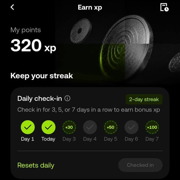 The image shows an "Earn xp" page with 320 xp points and a 2-day check-in streak, illustrating the XP-based reward system used to participate in OKX Outcomes Season 2, where users can use XP to predict football matches.