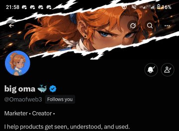 A Twitter profile for 'big oma' (@Omaofweb3), a marketer and creator, featuring anime artwork as the banner and profile picture.