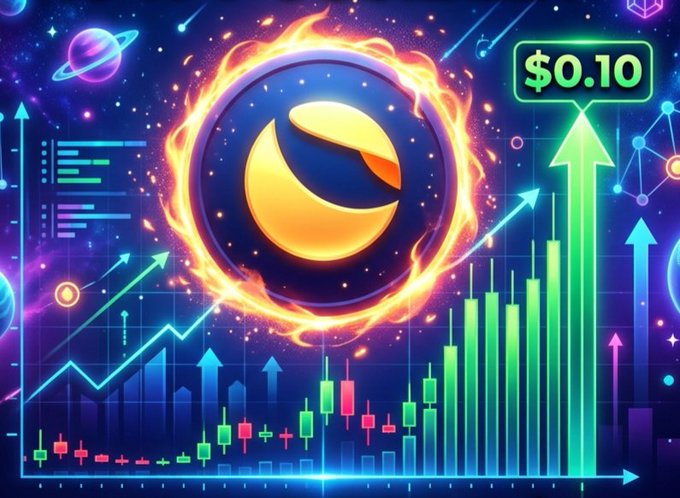 A vibrant graphic features the LUNC (Terra Luna Classic) token encircled by flames at its center, with a price tag of "$0.10" prominently displayed alongside upward-trending candlestick charts and arrows, visually symbolizing the user's question about whether $LUNC will reach that target by August.