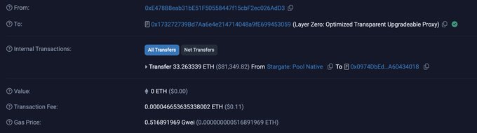 A blockchain transaction screenshot showing an internal transfer of 0 ETH (transaction fee of $0.11) from address 0xF478B8eab31bE31F505844f7f15cbf2ec026AdD3 to LayerZero's Optimized Transparent Upgradeable Proxy (0x173272739B47Aae4e214714048A9fE699455053), relating to the post about an ETH pool awaiting successful chicken crossings with a 1.5 ETH supplementary royalty pool.