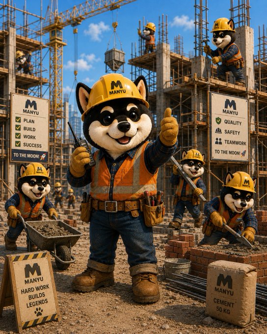 An AI-generated illustration of cartoon raccoons dressed as construction workers in yellow "MANYU" hard hats at a building site, with checklists reading "PLAN BUILD WORK SUCCESS" and "QUALITY SAFETY TEAMWORK."