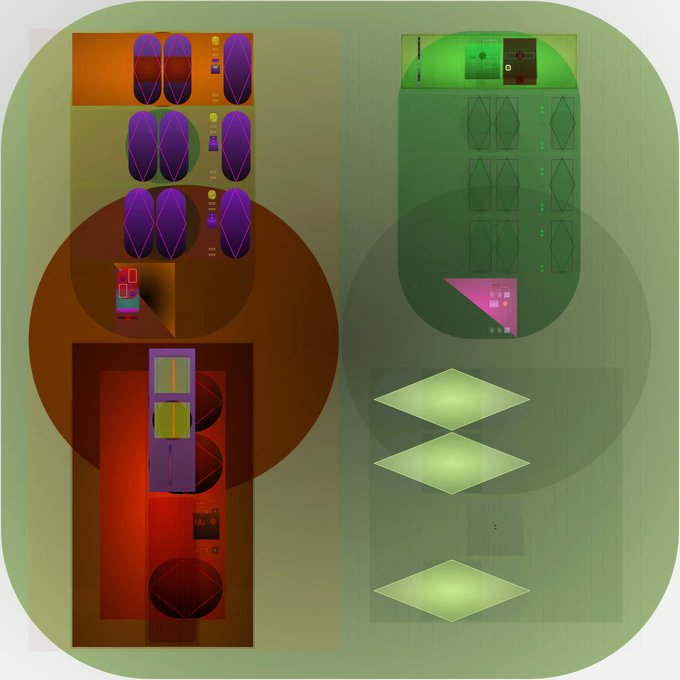 Abstract digital artwork or map layout featuring overlapping circles in orange and green tones with geometric shapes, rectangular forms, and diamond patterns.