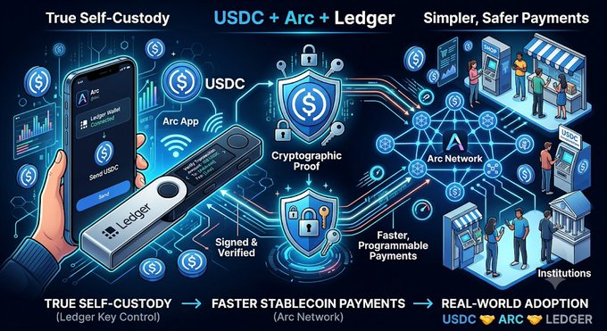 An infographic titled 'USDC + Arc + Ledger' shows 'True Self-Custody' and 'Simpler, Safer Payments,' depicting a Ledger wallet, the Arc App, and a network connecting to retail stores, ATMs, and institutions for faster stablecoin payments.
