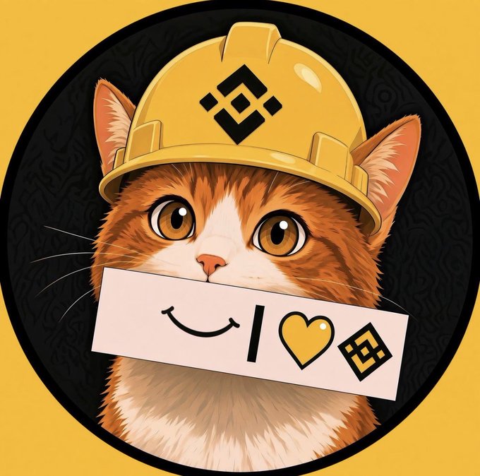 An adorable orange and white cat wearing a yellow Binance-themed hard hat holds a sign displaying the cute faces "c I 🟡 BNB" with the Binance logo, showcasing the $BNBCAT brand's playful mascot.