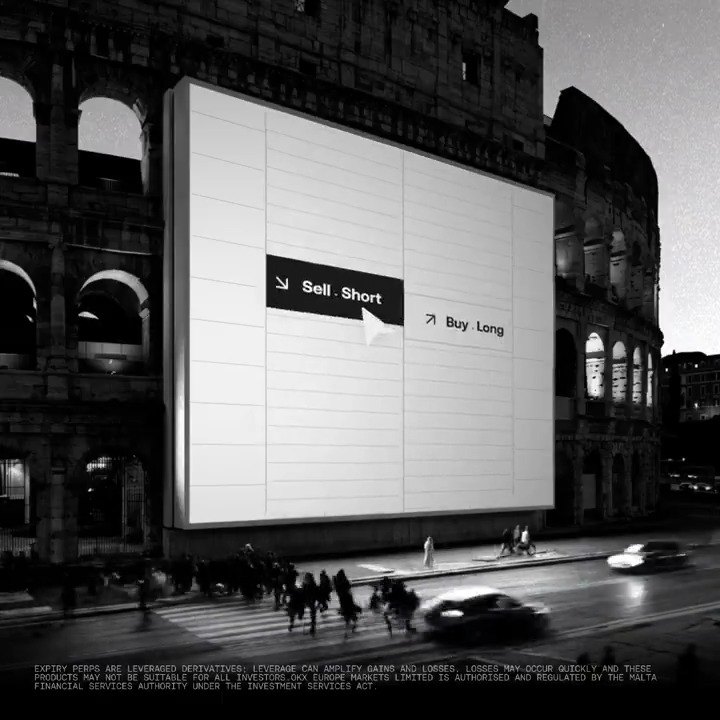 A large billboard on the Colosseum displays trading options 'Sell . Short' and 'Buy Long' with a cursor arrow, above a small disclaimer text about leveraged derivatives.