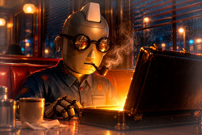 A stylized 3D render of a robot with round glasses and a small top hat smoking a cigar while looking at an open briefcase that glows with warm light in a dimly lit diner.