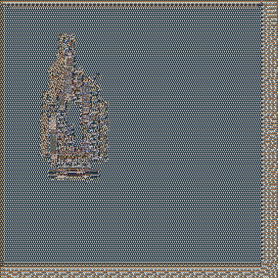 An abstract, heavily textured image displays a woven or pixelated pattern in dark gray with hints of orange and blue, featuring a faint oval shape on the left.