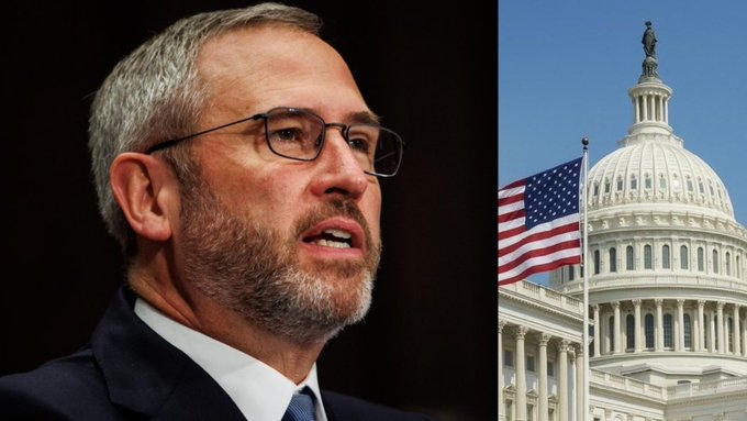 The image shows Brad Garlinghouse, CEO of Ripple, alongside the U.S. Capitol building with an American flag, visually tying his bold $10 trillion XRP prediction to the legislative momentum behind the CLARITY Act shaping U.S. crypto policy.