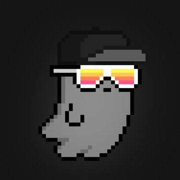 A pixel art style illustration of a grey ghost character wearing a black fedora and pixelated sunglasses with a sunset gradient.