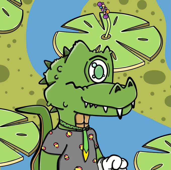 A cartoon illustration of a green crocodile-like character wearing a patterned shirt, with lily pads and flowers in the background.