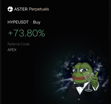 Screenshot showing ASTER Perpetuals platform with a HYPEUSDT trade showing +73.80% gain, referral code APEX, and a Pepe the Frog character holding a martini glass.