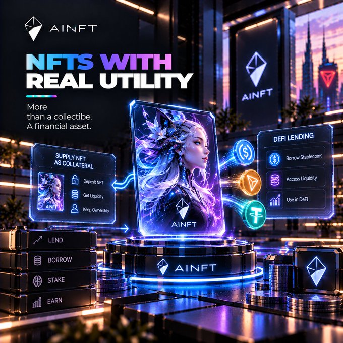 Promotional graphic for 'AINFT' advertising 'NFTS WITH REAL UTILITY' as a financial asset for DeFi lending, supply as collateral, lending, borrowing, and staking.