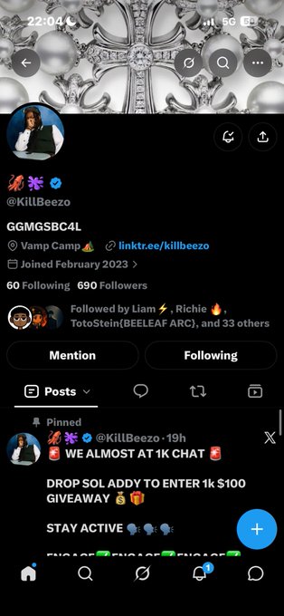 A Twitter/X profile screenshot for @KillBeezo with bio 'GGMGSBC4L', a 'Vamp Camp' linktree, and a pinned post announcing a '1K CHAT' giveaway.