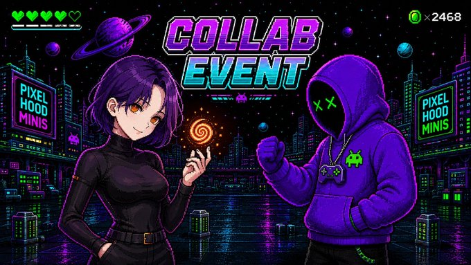 A vibrant pixel art scene promoting a "COLLAB EVENT" between two characters—a purple-haired anime girl and a hooded figure with "X X" eyes—against a neon city backdrop with "PIXEL HOOD MINIS" signage, alongside a health bar (5 hearts) and currency counter (×2468). The image visually reinforces the collaboration airdrop with Pixelord, offering NFTs to holders of Pixel Hood Minis and Slivers collections.