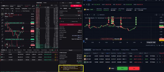 The image shows a trading interface on the Lighter exchange (lighter.xyz) displaying multiple positions including XAU/USD at 4,381.28, XAG/USD, and SPT with real-time P&L figures, alongside a prominent warning message alerting the user about liquidation risks near their stop-loss levels on gold positions. This visual evidence supports the post's claim about Lighter's proactive liquidation warnings, showing the platform notifying the trader before positions hit liquidation rather than after the fact.