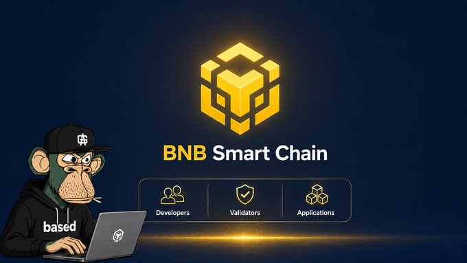 A promotional graphic for BNB Smart Chain featuring a cartoon monkey wearing a 'based' hoodie using a laptop, with three icons labeled Developers, Validators, and Applications.