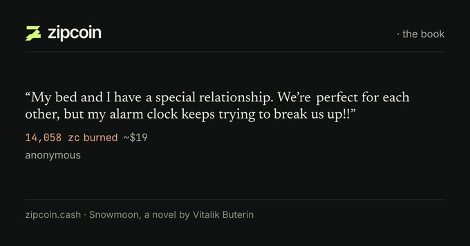 A screenshot from 'zipcoin' showing a quote about a relationship with a bed, attributed to anonymous, with text indicating '14,058 zc burned ~$19'.